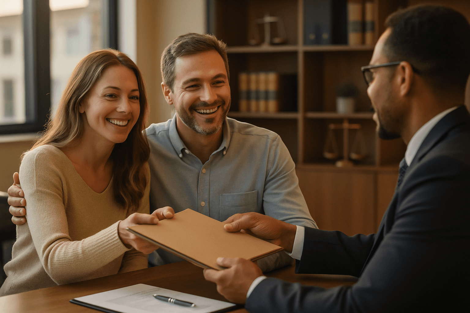 Happy clients and attorney celebrating a smooth onboarding experience with Flowple